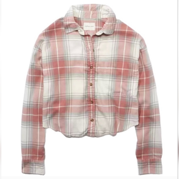 American Eagle Plaid Cropped Button Up Shirt in Red Size Large - Picture 1 of 14